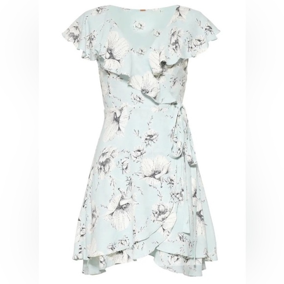Free People NWOT Floral Ruffle Midi Wrap Dress in Light Blue and White, Size L - Picture 2 of 15